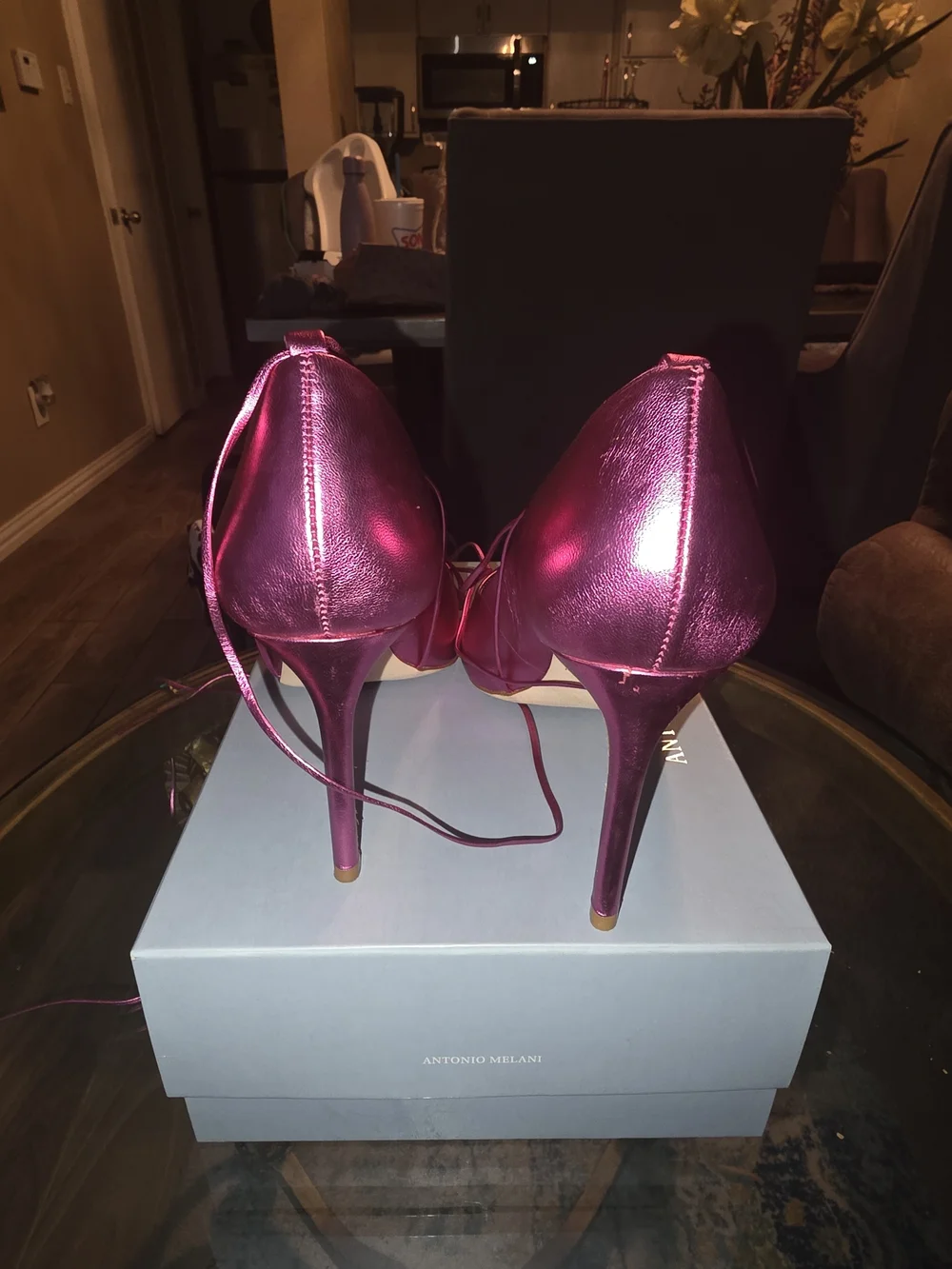 ANTONIO MELANI Metallic Hot Pink Pointed Lace-Up Pumps